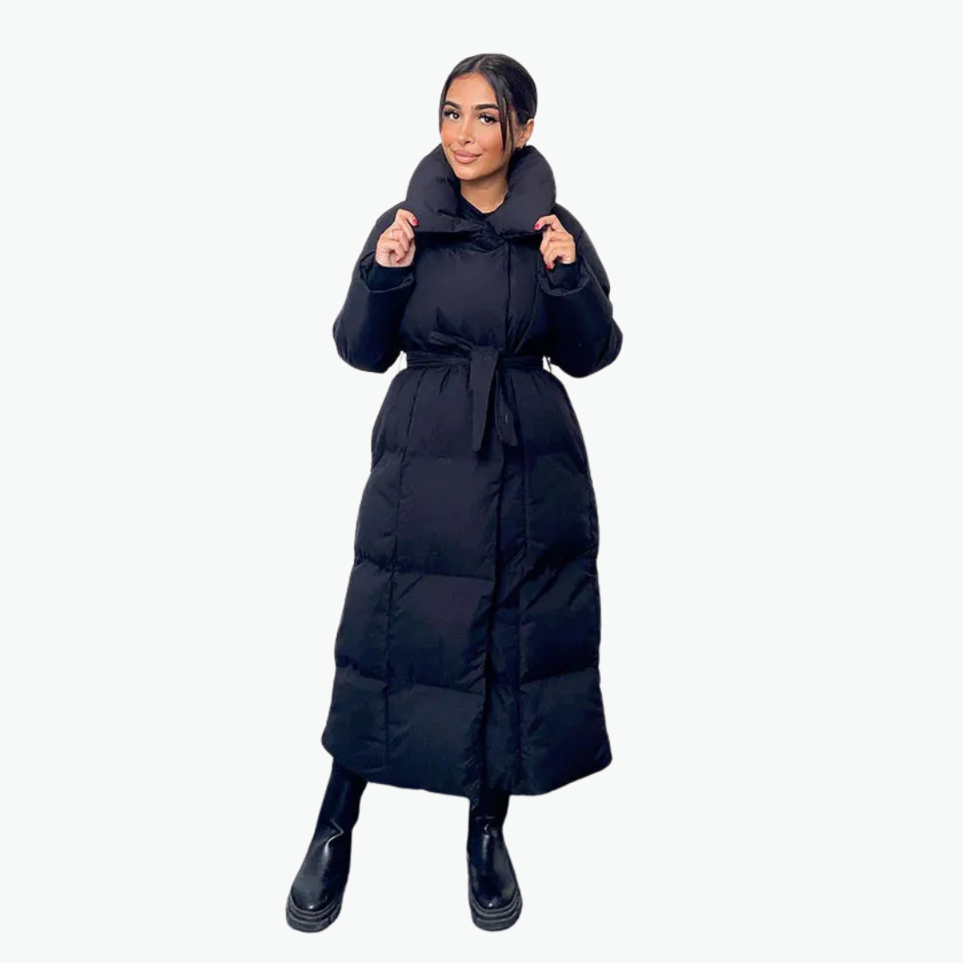 Lange gesteppte Damen-Winterjacke mit Gürtel