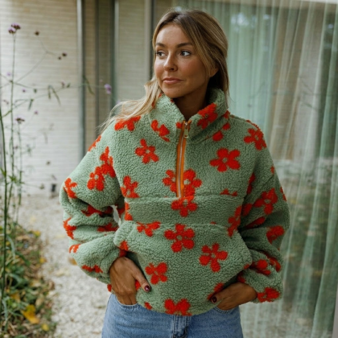 Fleecejacke mit Blumenmuster in Khaki und Orange