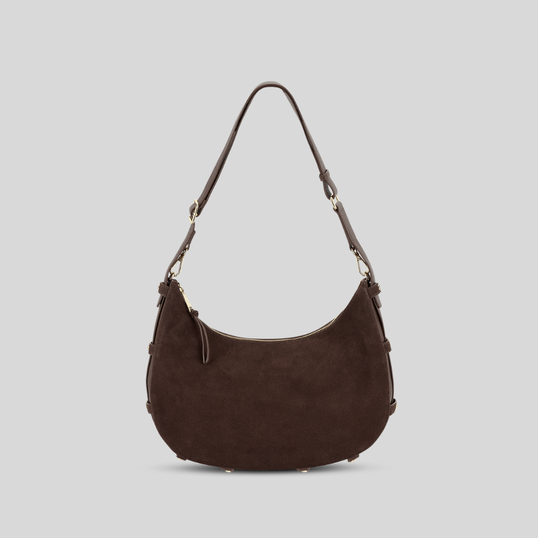 Halbmondförmige Tasche aus kaffeefarbenem Wildlederimitat