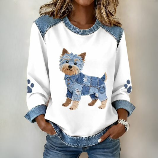 Moderne Patchwork-Bluse mit Hundemuster aus Denim