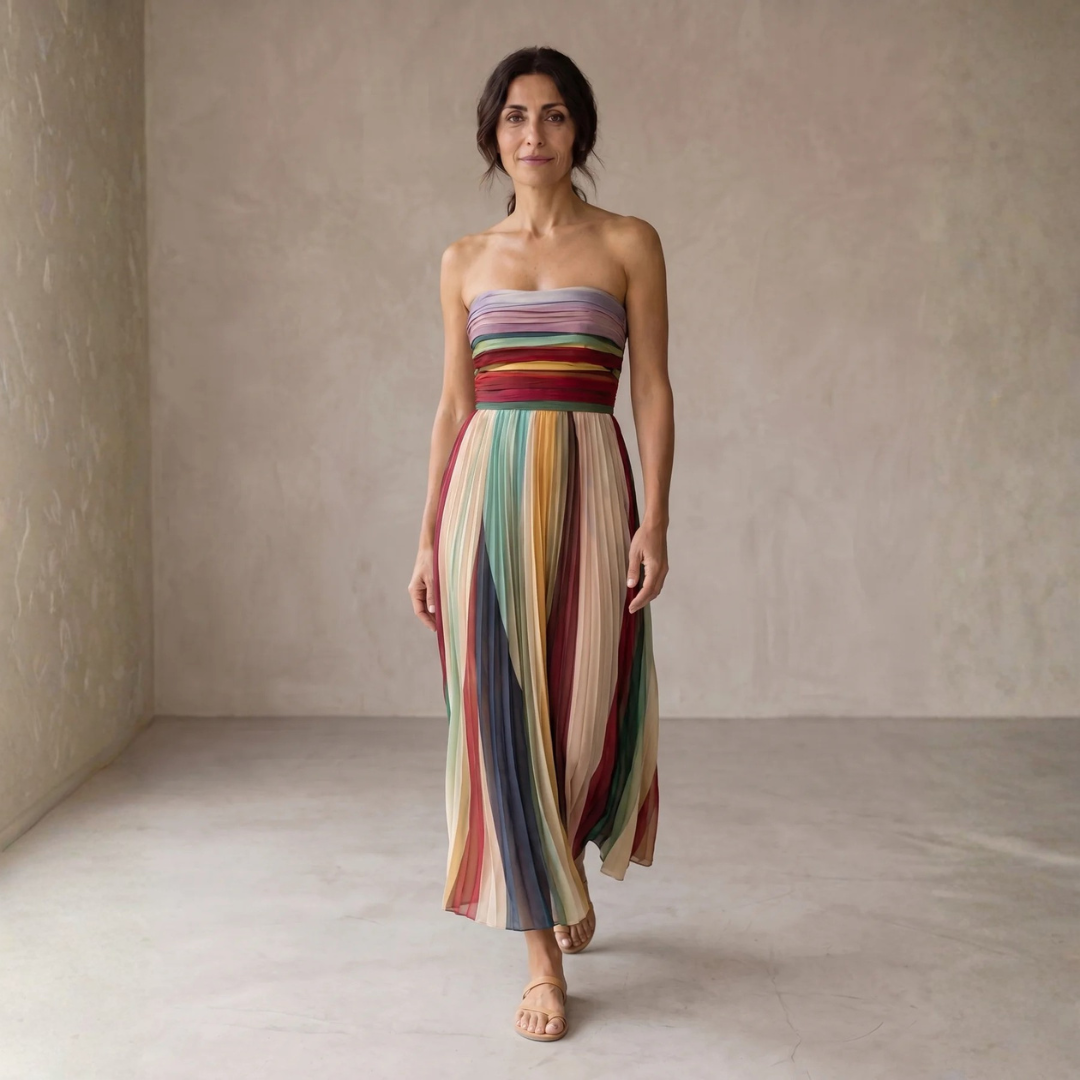 Mehrfarbiges, trägerloses Maxikleid