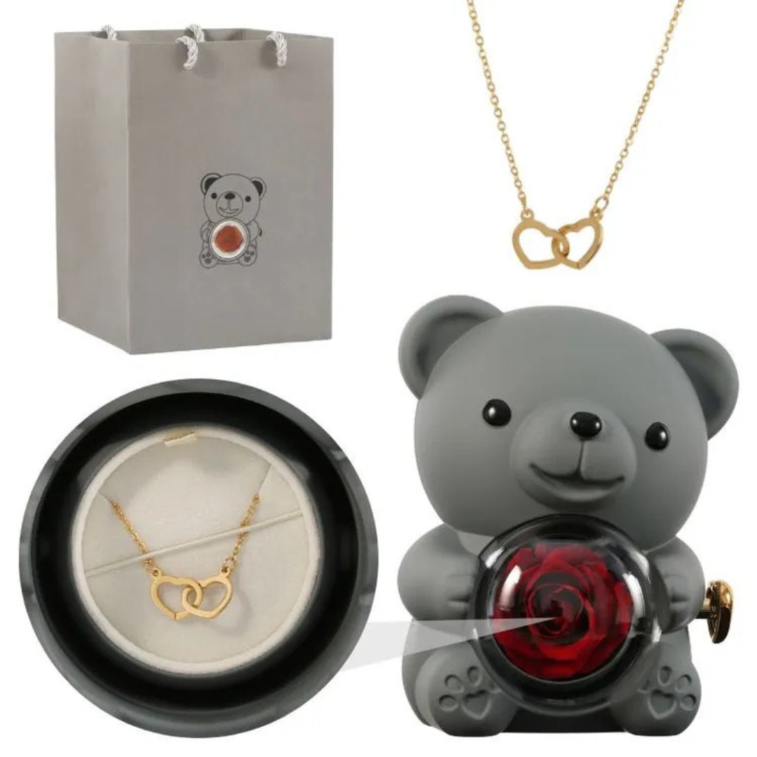 Écrin Ours Rouge & Collier Personnalisé avec Rose Éternelle