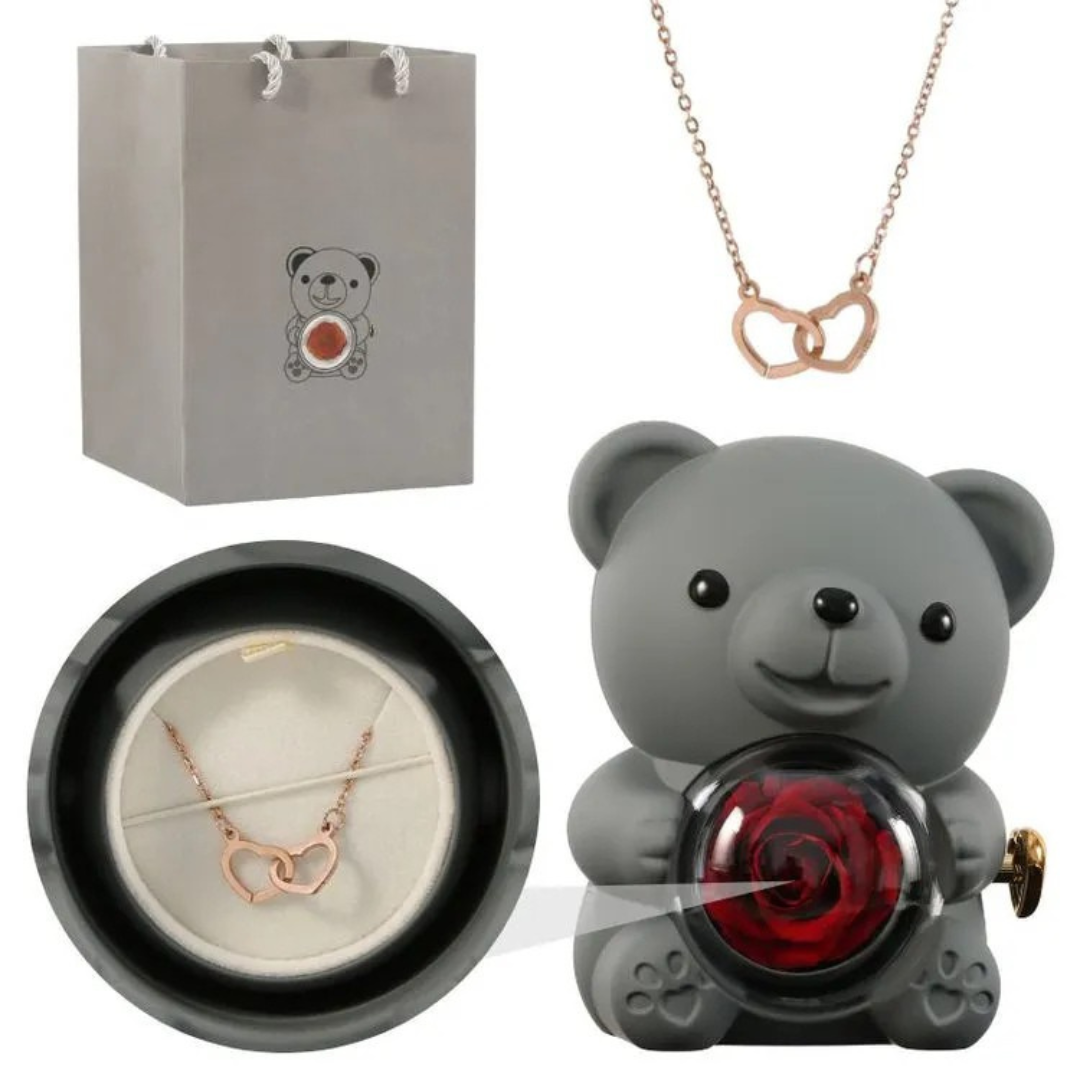 Écrin Ours Rouge & Collier Personnalisé avec Rose Éternelle
