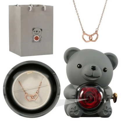 Écrin Ours Rouge & Collier Personnalisé avec Rose Éternelle