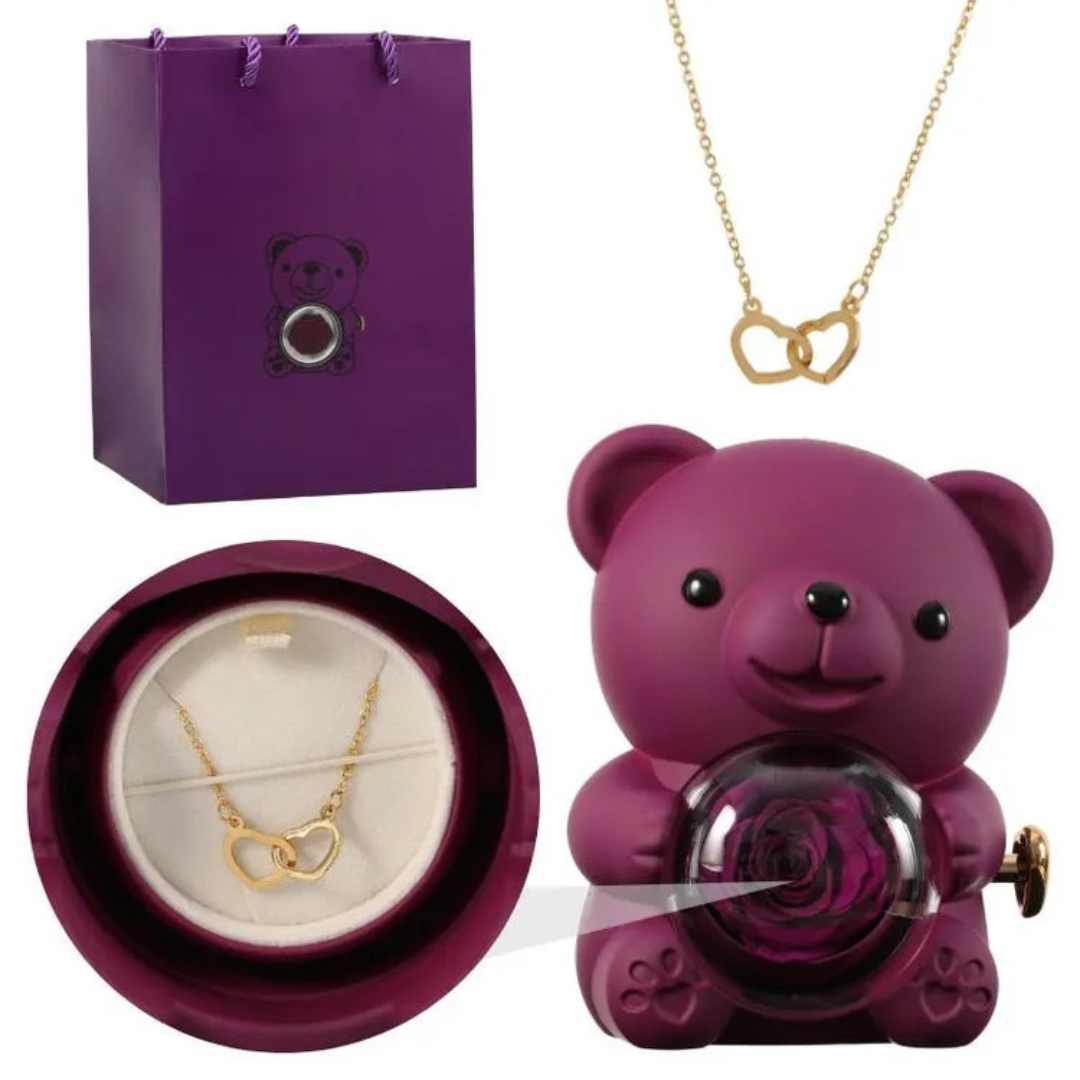 Écrin Ours Rouge & Collier Personnalisé avec Rose Éternelle