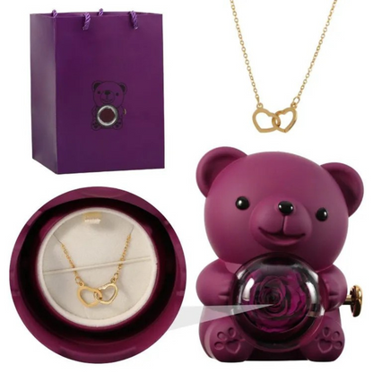 Écrin Ours Rouge & Collier Personnalisé avec Rose Éternelle