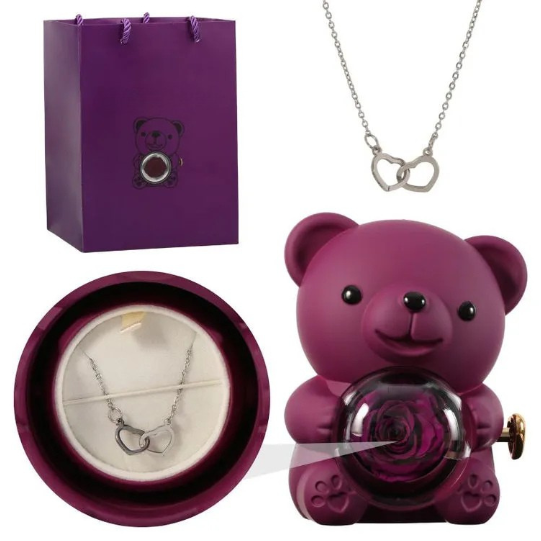 Écrin Ours Rouge & Collier Personnalisé avec Rose Éternelle
