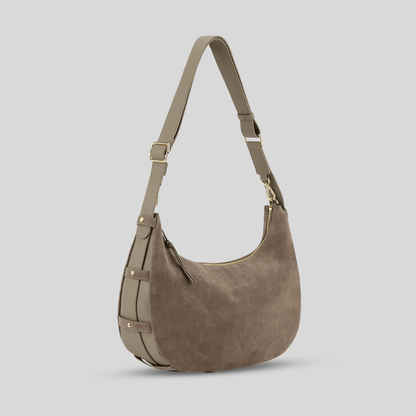 Halbmondförmige Tasche aus kaffeefarbenem Wildlederimitat