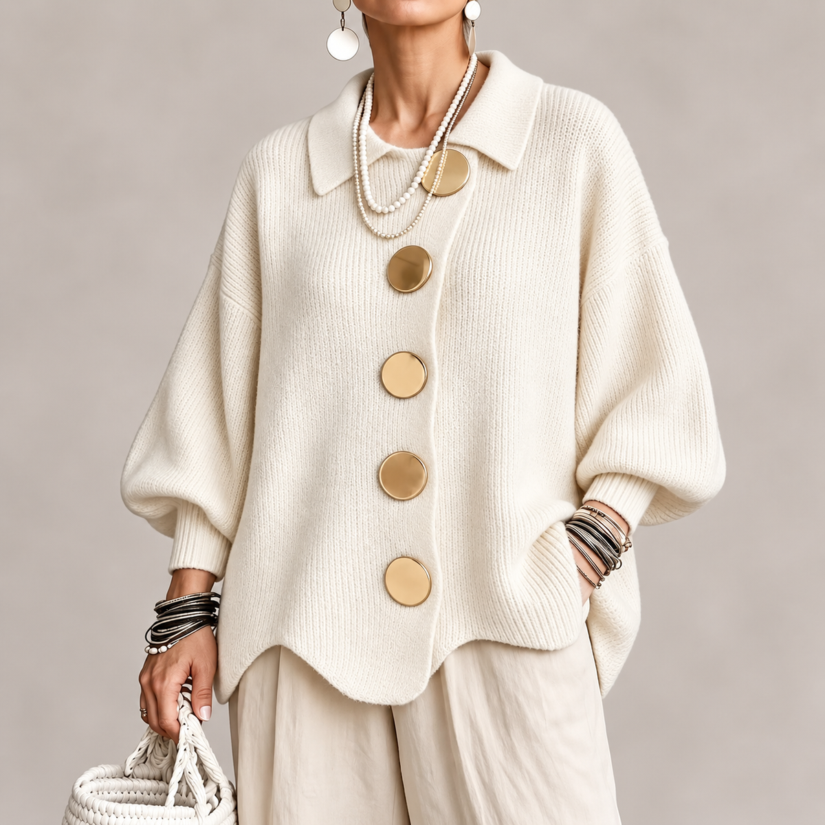 Cardigan Oversize Femme à Boutons Dorés
