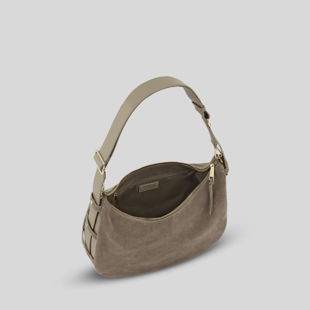 Halbmondförmige Tasche aus kaffeefarbenem Wildlederimitat