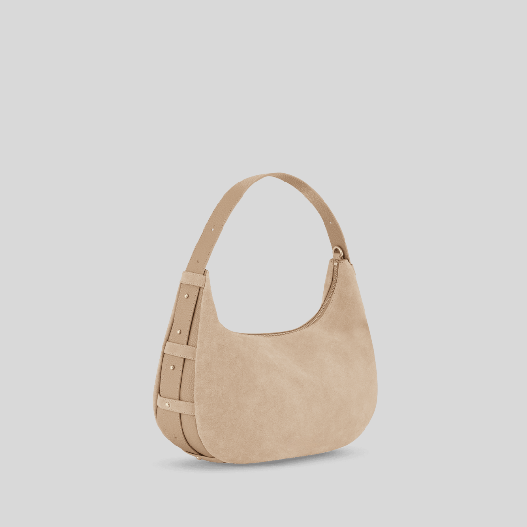 Halbmondförmige Tasche aus kaffeefarbenem Wildlederimitat