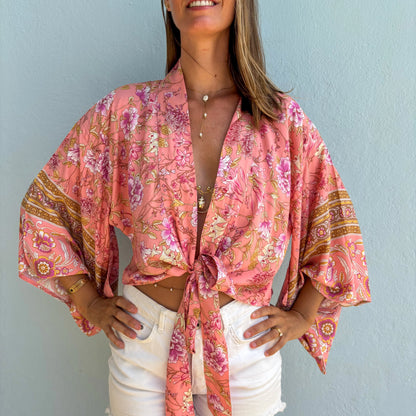 Kimono Court Femme – Fleur Menthe – Léger, Fluide et Estival