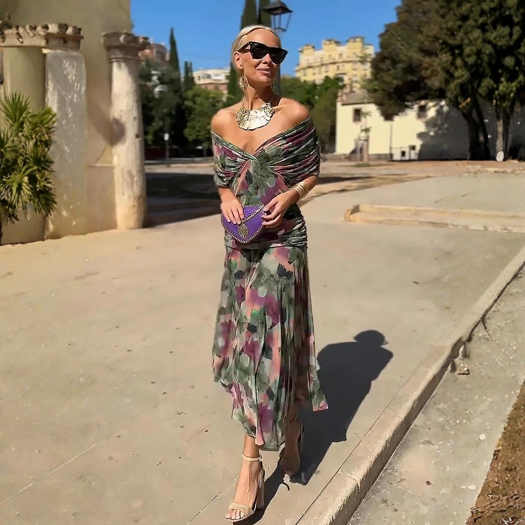 Robe longue fluide à manches 3/4