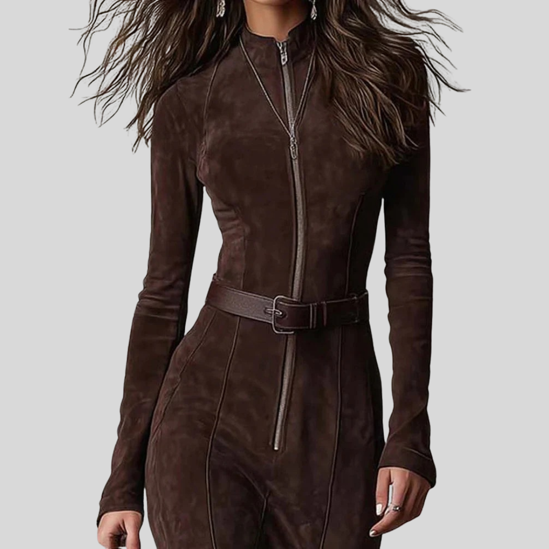 Langes Kleid aus braunem Wildleder mit Reißverschluss und Gürtel