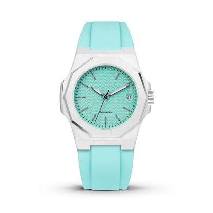 Elegante Automatikuhr aus Stahl in Türkis
