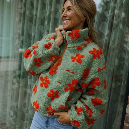 Fleecejacke mit Blumenmuster in Khaki und Orange