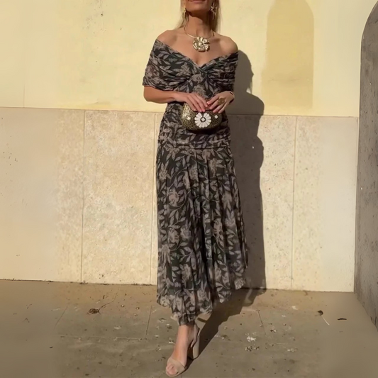 Robe longue imprimée col V - épaules dénudées