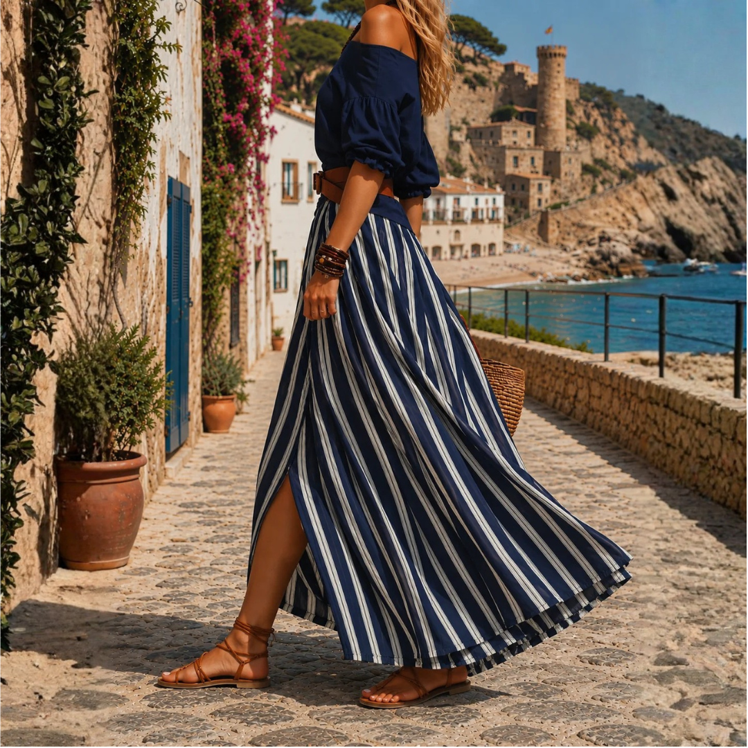 Elegantes und bequemes, fließend fallendes, gestreiftes Damen-Set