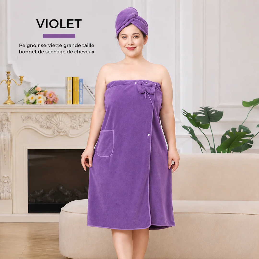 Peignoir de Bain Absorbant avec Bonnet Séchage Intégré