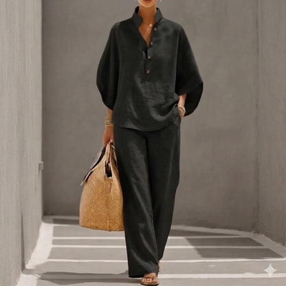 Ensemble Coton Lin Manches Chauve-Souris Pantalon Large