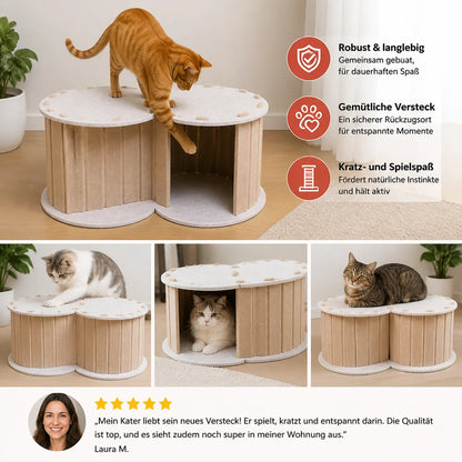 Interaktives Katzenbett mit integriertem Kratzbaum