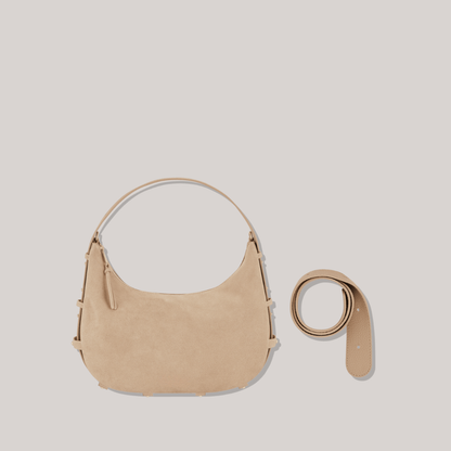 Halbmondförmige Tasche aus kaffeefarbenem Wildlederimitat