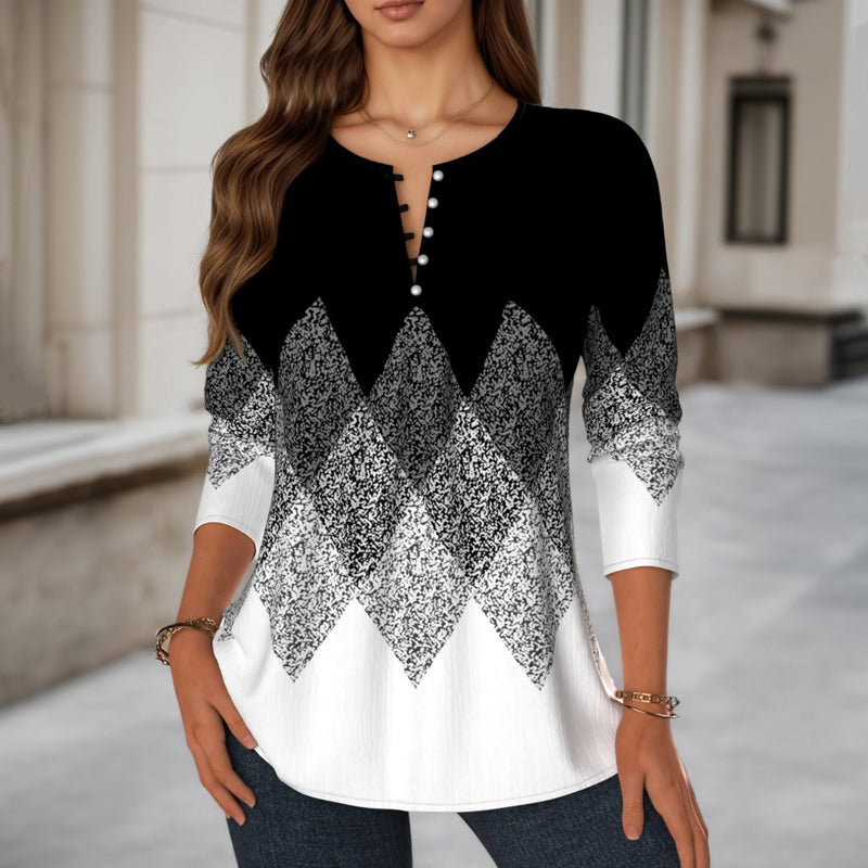 Blouse Vintage à Blocs de Couleur à Manches Longues