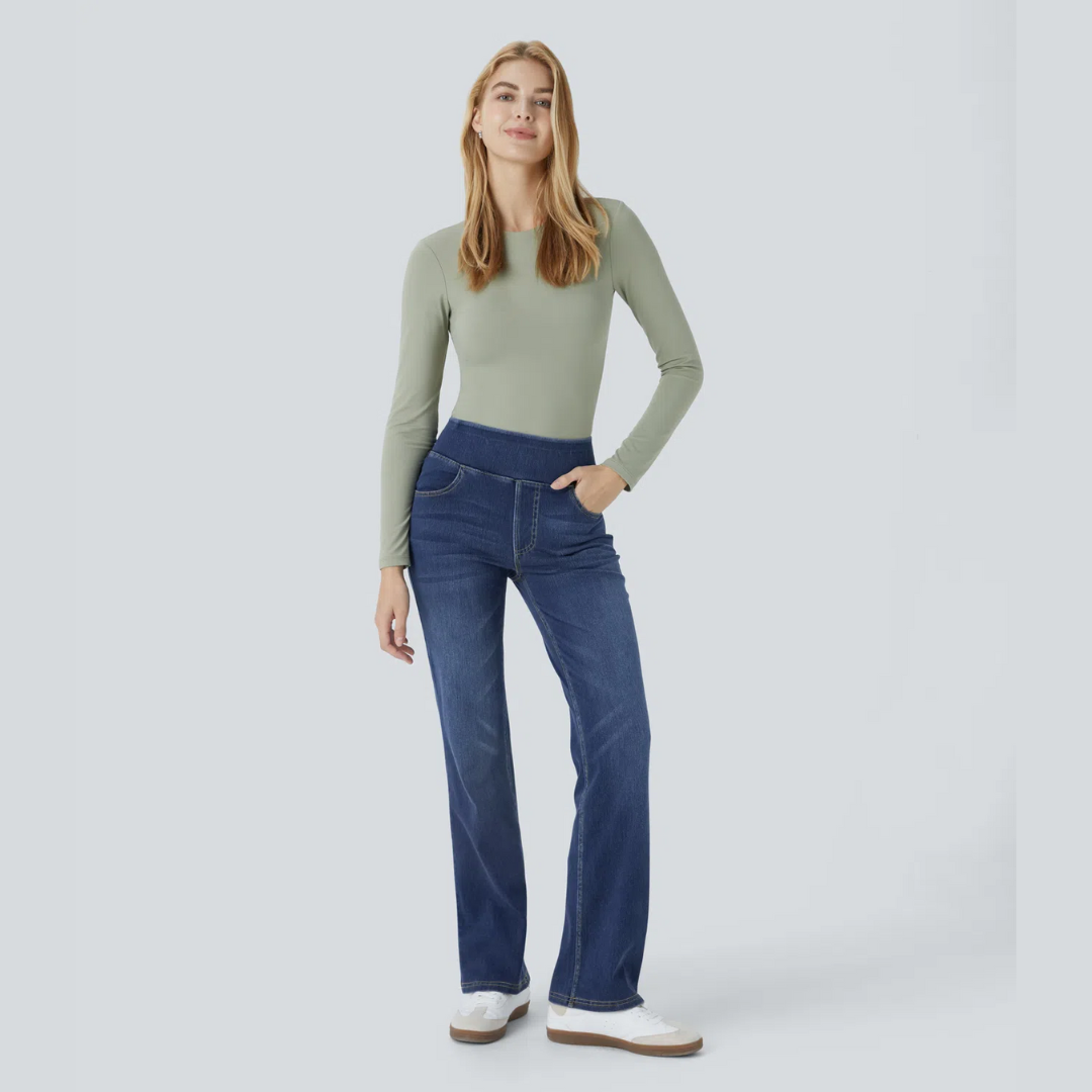 Bootcut-Jeans mit hoher Taille, Stretch und mehreren Taschen