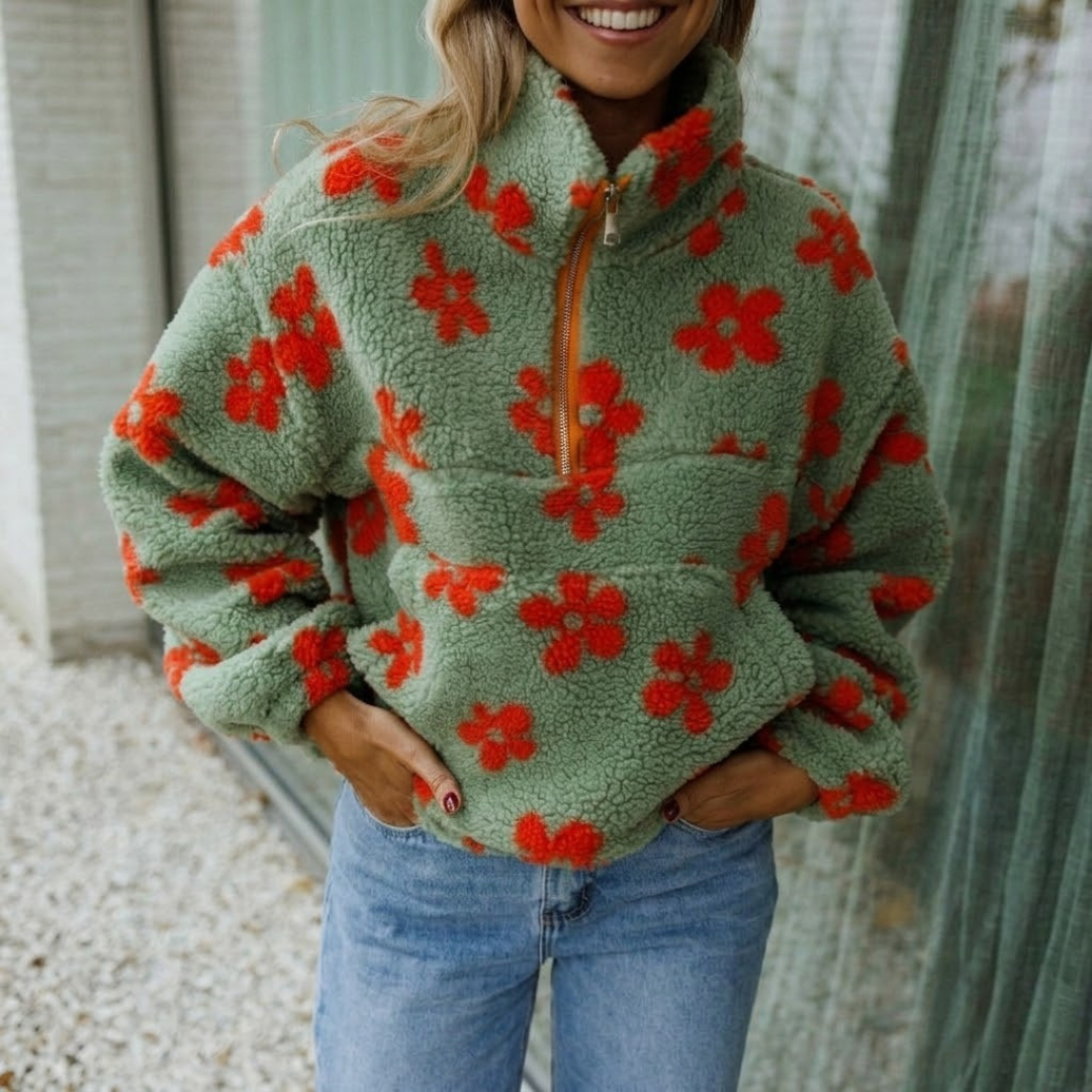 Fleecejacke mit Blumenmuster in Khaki und Orange