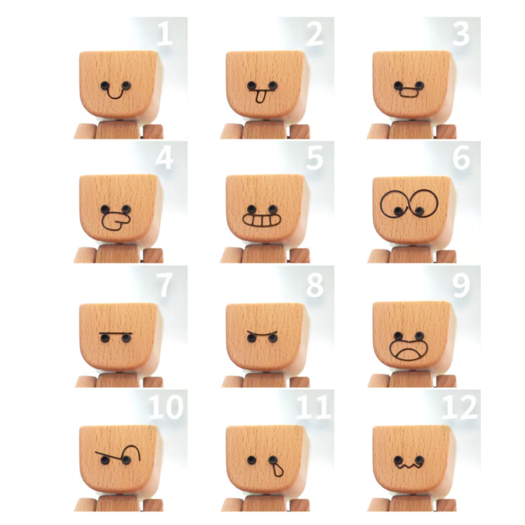 Bewegliche Holzfigur mit magnetischen Gesichtsausdrücken