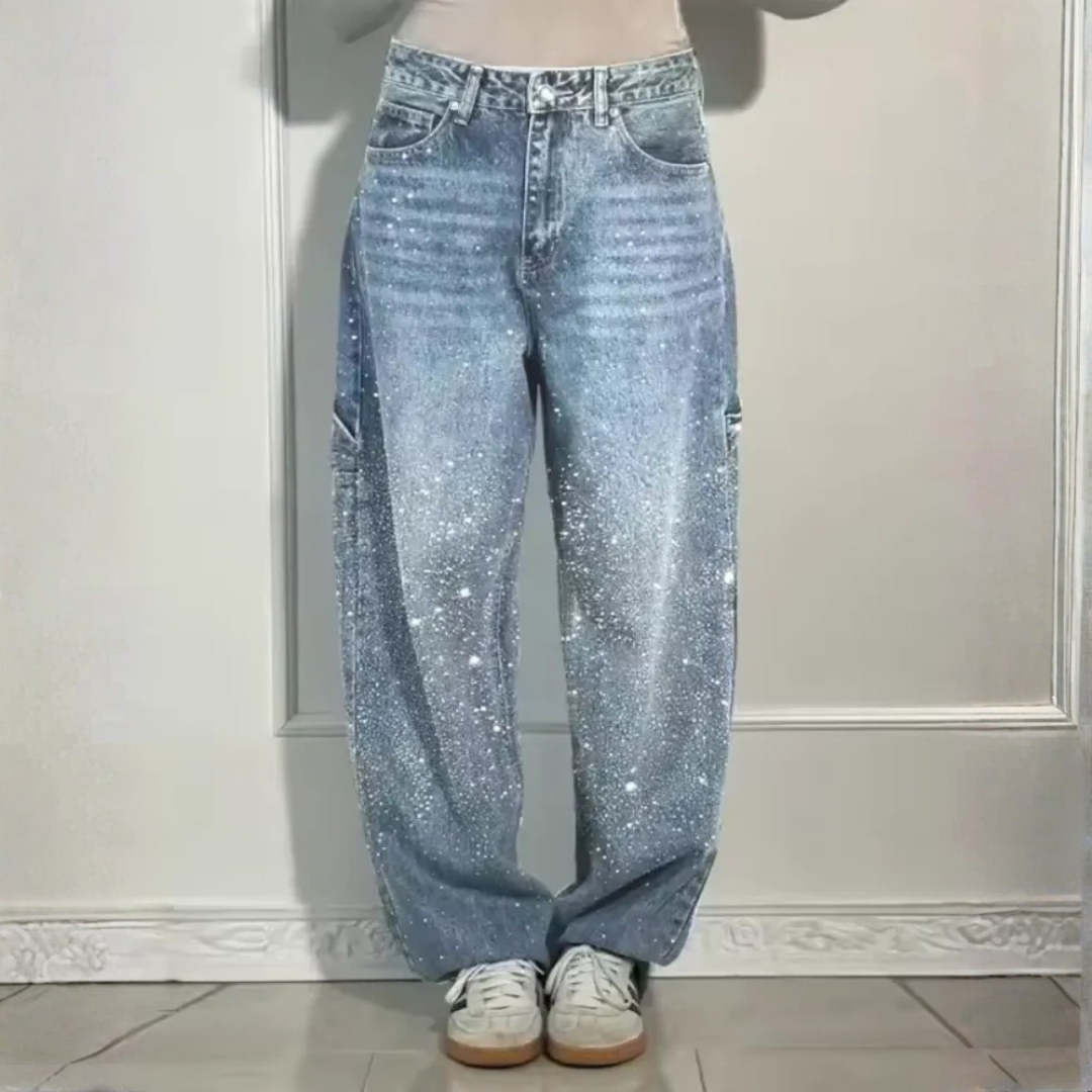 Jean femme taille haute coupe large effet usé