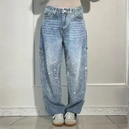 Jean femme taille haute coupe large effet usé