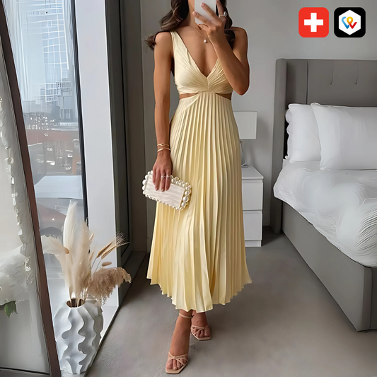 Robe Plissée Midi avec Découpes à la Taille