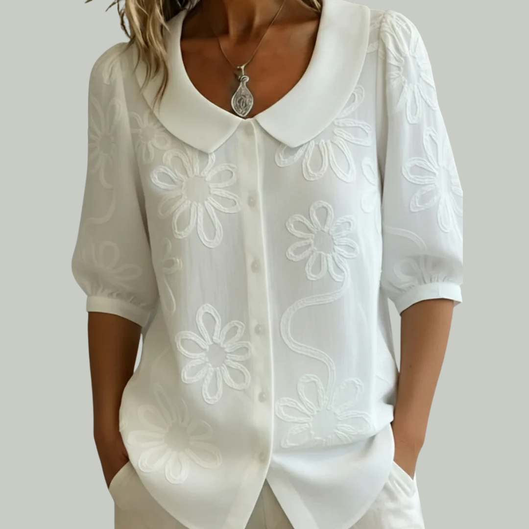 Blouse florale légère femme col rond élégant manches mi-longues