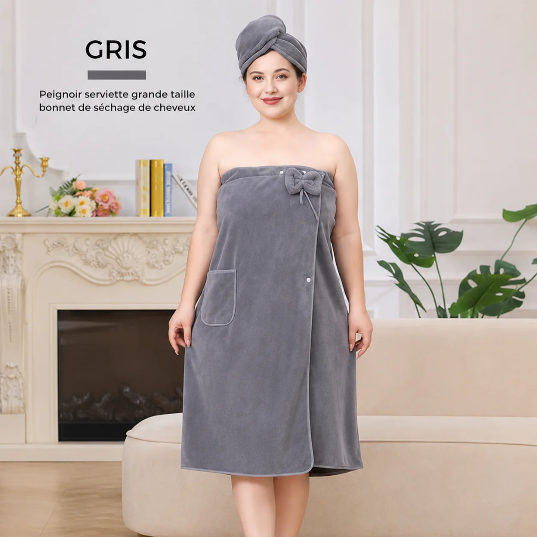 Peignoir de Bain Absorbant avec Bonnet Séchage Intégré