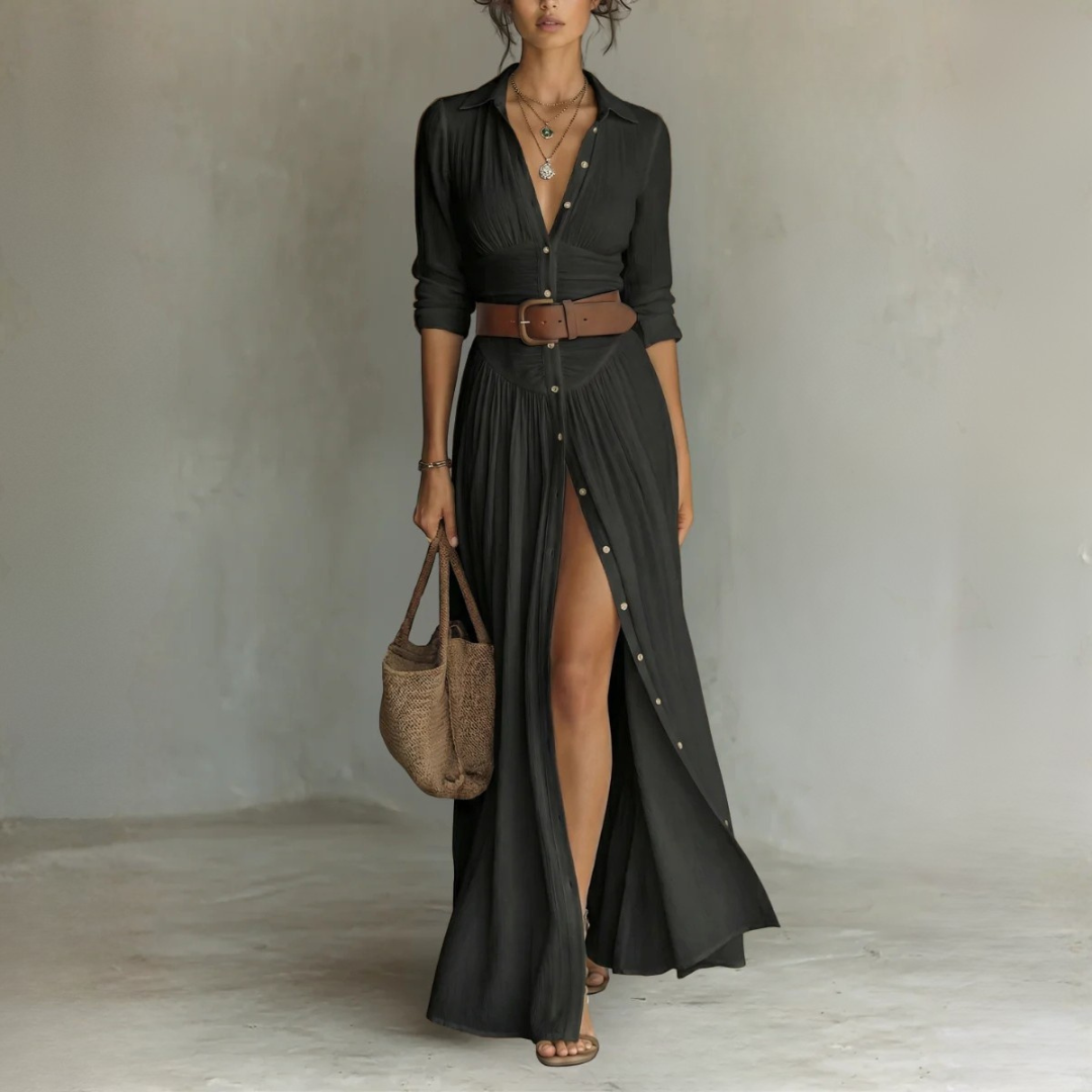 Robe Maxi Élégante à Col Revers