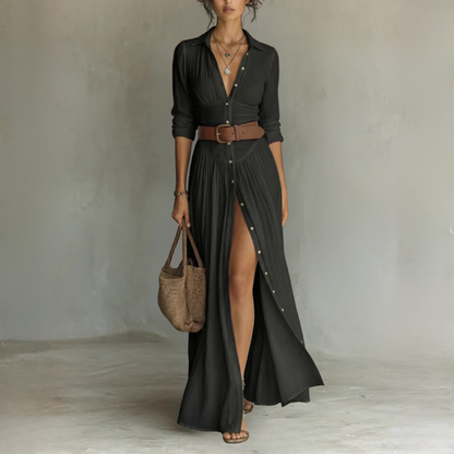 Robe Maxi Élégante à Col Revers