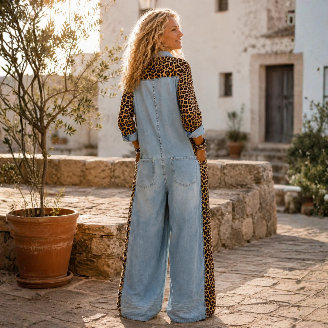 Combinaison Longue Effet Denim et Imprimé Léopard