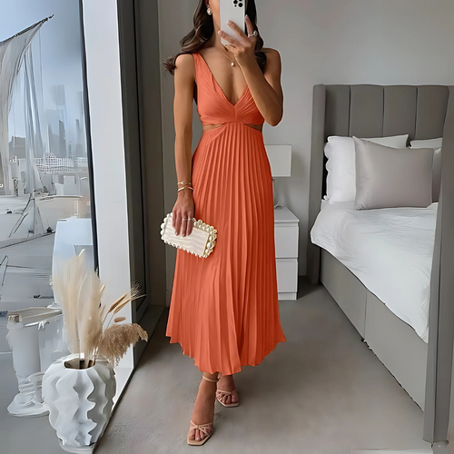 Robe Plissée Midi avec Découpes à la Taille