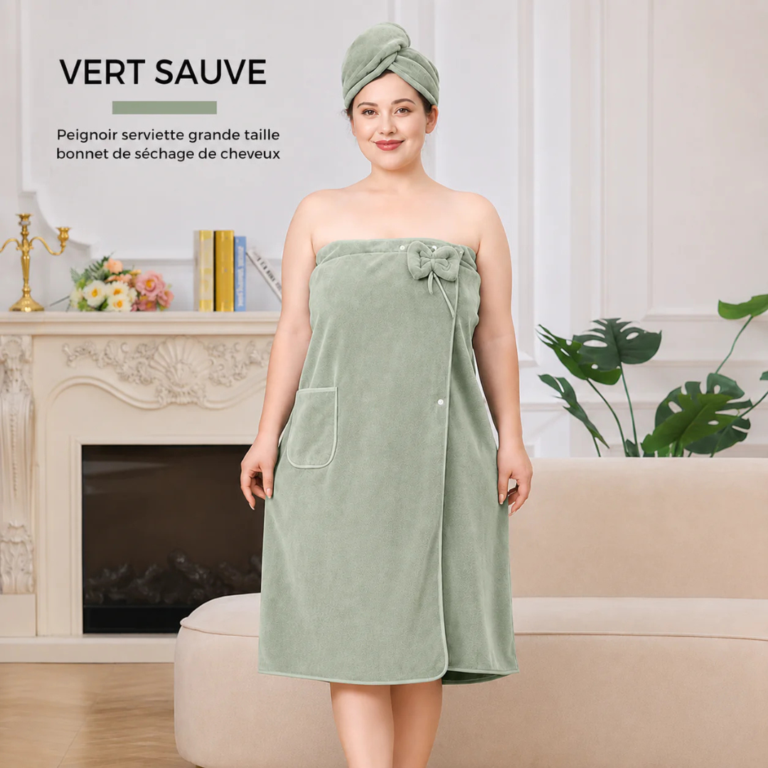 Peignoir de Bain Absorbant avec Bonnet Séchage Intégré