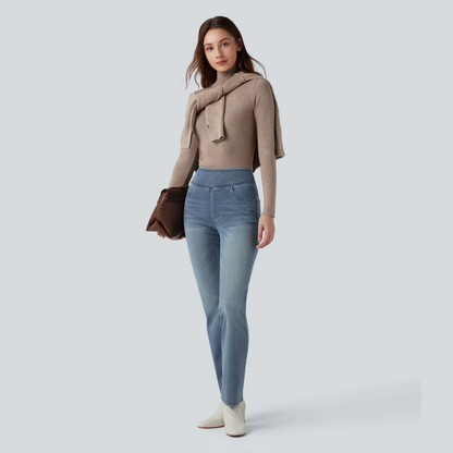 Bootcut-Jeans mit hoher Taille, Stretch und mehreren Taschen