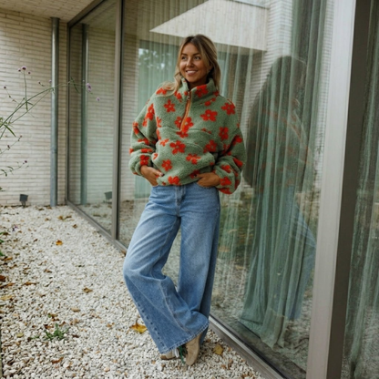 Fleecejacke mit Blumenmuster in Khaki und Orange