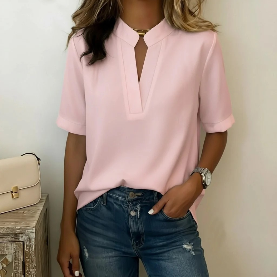 Blouse Femme Élégante à Col V avec Détail Doré