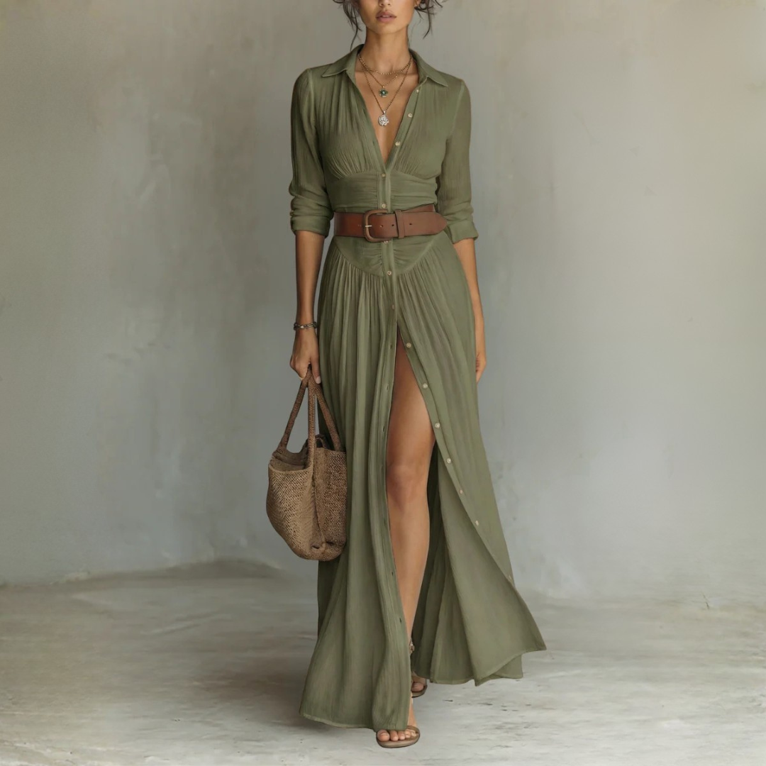 Robe Maxi Élégante à Col Revers