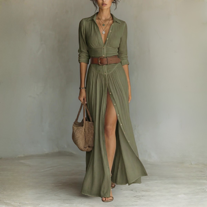 Robe Maxi Élégante à Col Revers