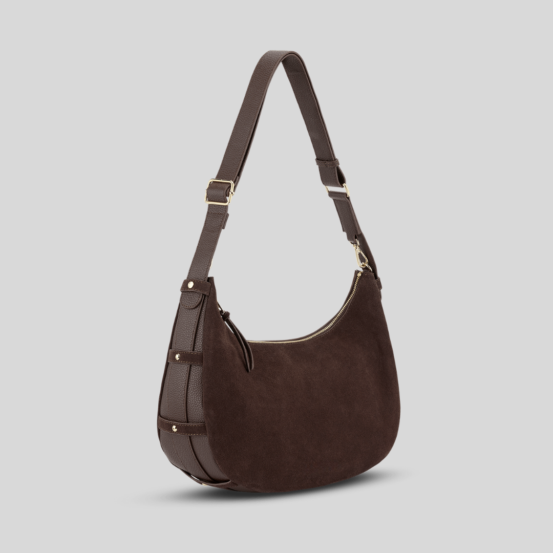 Halbmondförmige Tasche aus kaffeefarbenem Wildlederimitat