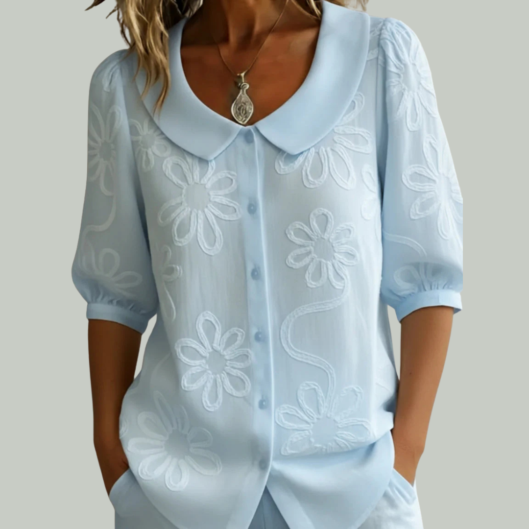 Blouse florale légère femme col rond élégant manches mi-longues