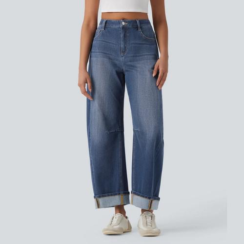 Gerade geschnittene Damenjeans mit mittlerer Leibhöhe und Verwascheneffekt