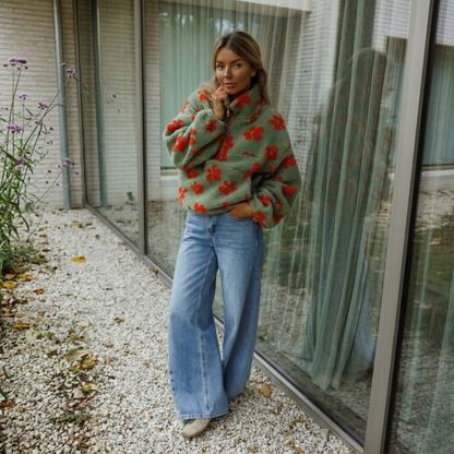 Fleecejacke mit Blumenmuster in Khaki und Orange