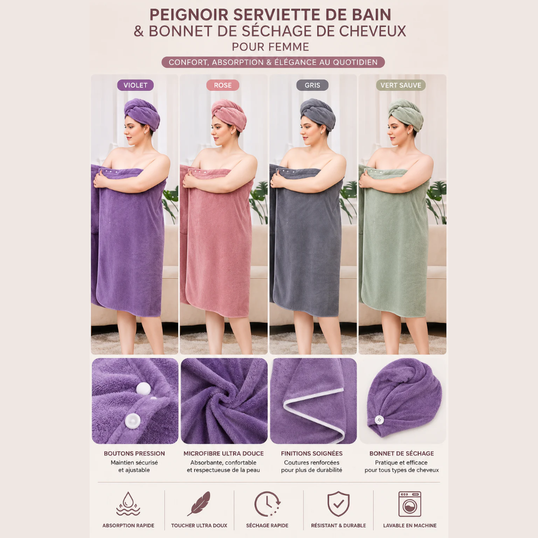 Peignoir de Bain Absorbant avec Bonnet Séchage Intégré